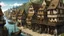 Placeholder: gothic medieval village at foot of cliffs, wooden harbour, shops, inn, taverns, houses, people, trees