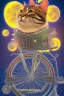 Placeholder: A pedaling cat riding a bicycle is flying at night in the sky over tall buildings.