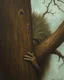 Placeholder: Bosch painting style , nightmare, a hairy creature hiding behind a big tree , half of his body and face is showing up