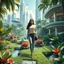 Placeholder: Highly detailed and intricate 3D fractal recursive art, featuring a single young woman/girl wearing fashionable modern clothing, walking directly towards the camera through a lush, futuristic villa garden. The garden is part of a larger technologically-advanced city, with towering skyscrapers and floating vehicles visible in the background. The garden itself is a verdant oasis, with exotic flora, flowing water features, and a seamless integration of natural and artificial elements. Holographic