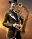 Placeholder: evil mechanoid person playing saxophone with a steampunk theme, realistic