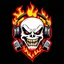 Placeholder: A logo for a rock band inspired by the styles of Ed "Big Daddy" Roth, graffiti art. sinister, evil marshmallow head with headphones. The marshmallow head is breathing red flames. The background is dark.