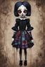 Placeholder: full color, full body illustration of a dark menacing Victorian goth vampire girl, ala Wednesday Addams, as a decayed, broken, crude homemade patchwork cloth doll toy, with contrast stitching across her patchwork face, hair made from ragged strips of cloth, art in the style of Alex Pardee and Tim Burton