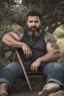 Placeholder: close up photography of a turkish ugly dirty burly muscular chubby farmer 36 years old, bullneck, strong arms, big belly, manly chest, very sweat, shirtless, short beard, tattoo, curly hair , short bulging pants, open legs sitting on a chair under an olive tree , big tights, barefoot, ambient occlusion, hyper detailed photography, photorealistic, 35mm lens, side light, frontal view from below, natural colors