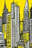 Placeholder: A yellow short city with battery shaped buildings designed in Heidrun manuscripts painted by Roy Lichtenstein