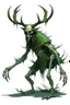 Placeholder: wendigo green fur slightly hunched over with deer skull covering head and face, fingers ending in claws with long arms reaching knees, eyes that are sunken back, full body image