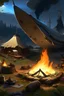 Placeholder: A camp with a huge bonfire, sounded by a wreck of a very big spaceship