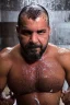 Placeholder: full figure shot 48 years old puertorican carpenter man hands behind the head , in an abandoned warehouse, serious, bearded burly chubby , serious eyes, shirtless under the shower, wet, dripping water, manly torso, photorealistic, 50mm photo, ambient occlusion , side view from the ground