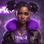 Placeholder: arcane tv show style, league of legends, solo, 1girl, attractive teenager, african, dark skin, dark-brown eyes, black hair, pair buns, (violet strand in forehead bang), necklace, earrings, modern makeup, (detailed skin texture), old leather jacket with violet fur collar, oversized torn t-shirt with half-erased unknown music group logo, You can see through the wide holes in the t-shirt her acid-green sport top, dark background, bokeh, cinematic atmosphere