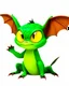 Placeholder: Flux P: a small gremlin, with large expressive yellow eyes and oversized ears that resemble bat wings. The creature has a vibrant green, slightly scaly skin, and a playful, mischievous expression. It sits in a dynamic pose, with a curled tail and pawed feet featuring sharp, claw-like toes. The background is minimalistic and bright white, emphasizing the creature's vivid colors. The lighting is soft and even, highlighting the detailed textures of the skin and the glossy shine of the eyes. The ove