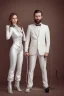 Placeholder: BDSM style, 8K, a Highly detailed portrait of a Dom man holding a kneeling submissive woman leash, white suit, beard, and short hair, bad boy