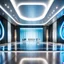 Placeholder: beautiful dance stage with no dancers in luxury modern hall dynamic lights, modern furniture light blue & gray theme