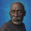 Placeholder: 3D render of a cyberpunk tribal old black man, gray hair and goatee, on a dark blue jungle background, digital art