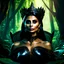 Placeholder: Morena Baccarin as a beautiful sexy dark elf queen seated elegantly on a throne in a mystical forest, dark celtic vignette frame, photo-realistic, cinematic lighting, award-winning photography