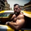 Placeholder: full body shot photography of an Italian sicilian taxi driver burly ugly sitting in the taxi, chubby tired 45 years old driving shirtless, bullneck, thin gold chains, short beard, sweat, short hair, bulge, robust, manly chest, looking down, big shoulders,, photorealistic, side light, ambient occlusion, tired eyes. 35mm lens, internal view inside the Taxi