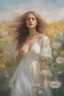 Placeholder: Fantasy illustration, Oil painting style, a sunlit meadow with wildflowers flowing in the wind, extremely beautiful girl in a white summer dress standing there enjoying the warmth of the sun, hands playing with the flowers, playful atmosphere, detailed illustration, beautiful color palette, incredible details, in the style of Leonardo Da Vinci, oil painting, heavy strokes, paint dripping