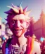 Placeholder: Ultra Realistic photo, medium shot view, drunken sweet dancer old blonde woman, carnival scene, monster hair, steampunk style. Red hair, confeti, smile, happy, festival, ovnis, gradient color fog. highly detailed, concept art, unreal engine 5, ray tracing, RTX, lumen lighting, ultra detail, volumetric lighting, 3d, finely drawn, high definition, high resolution.