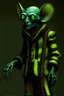 Placeholder: Artist Jean-Baptiste Monge style. A old biomorph male humanoid with Ant face. Bright eyes. A green and blue striped outfit. Modifiers: Tim Burton Craig Rutkowski Modifiers:neon glowing Iridescent black ink