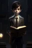 Placeholder: Digital art, high quality, digital masterpiece, natural illumination, spotlight, night, realistic, film style, beautiful, (full body:3), (1 cute boy standing, holding a book:3), (cute femenine face:1.8), (eyes:1.6), pale skin, (Male suit:1.5), (dark brown hair:1.8), (Library:1.8), (Dark tentacles at background:2)