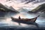 Placeholder: Fisherboat, realistic, colorfull, ocean, small boat, rowing boat, mountains, lake, fisher man