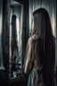 Placeholder: back view of a woman, beautiful long hair, her reflection in a mirror is an empty face, symbolism for the question "who am I", 32k, Mysterious and gothic, chaotic