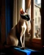 Placeholder: sleek Oriental Shorthair Siamese with rich chocolate point markings, its slender body poised elegantly on the narrow windowsill of an old, ornate apartment. The late afternoon sun casts golden streaks through the slightly parted curtains, illuminating the cat's almond-shaped, sapphire-blue eyes as it gazes intently at the bustling street below. Its large, bat-like ears twitch at distant sounds, while the delicate curve of its whip-like tail drapes over the edge of the sill. The window frame, wea
