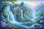 Placeholder: In the style of Josephine Wall, An amazingly beautiful complex detailed landscape with a gorgeous waterfall, plants made of different leaves in various shades of green and delicate flowers in shades of blue and shades of purple, beautiful intricate trees,