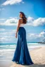 Placeholder: young lady wearing beautiful maxi blue skirt and elegant shirt standing in beach posing to camera ,ships in sea ,blue sky nice clouds in background