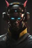 Placeholder: cyberpunk 2077 male samurai with the letter m on his mask. full face mask