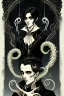 Placeholder: black haired young man necromancer wizard with gothic jewelry and tentacle fingers in the style of Fyodor Pavlov