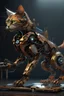 Placeholder: A full length cyber cat mixed with a rusted robot, wing, carrying a weapon,8k ultra detail, baroque painting by AI