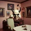 Placeholder: Flash photo of a room, 1980 horror movieshot, with chair, table, odd objects in background, ugly and scary mask, odd paintings hanging in the walls, rotten fruits, pair of glasses, horns, skin