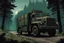 Placeholder: Military truck on a road, forest, overgrown apocalyptic, comic book, cinematic, far,