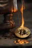 Placeholder: A Bitcoin logo is burned into the skin of a man's leg calve by an old branding iron, the kind that was used for animals. It's dramatic and happended in the moment, close view. It is still hot and steam can be seen from the burn mark. Hyper realistic photorealistic painting, dramatic, ultra detailed, cinematic lighting,