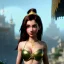 Placeholder: Alladin cartoon style, hyper detailed, strikingly beautiful young female, 12 years old, long ponytail, ginger hair, green eyes, medium freckles, full lips, micro top, black leather armour, full body, full face, tiny breasts, full frame, athletic, centered camera, ignore NSFW, thong, camel toe, petite