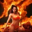 Placeholder: woman made of fire, full face, fire angel, hair made of fire, hair covering breasts, fire all around, only wearing bikini made of fire, extremely detailed, photo style, style of photo, lava background