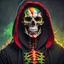 Placeholder: epic professional photo shoot of the frontal portrait of a skeleton weaing a black hoodie covered in red oragen yellow green paint, league of legends, profile picture