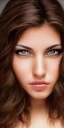 Placeholder: UltraHD, 8k, Studio portrait photo of a hot woman age of 18, beautiful pretty face, half spanish, half american, gray cat eyes, brown hair, very detailed face, studio lighting, fantasy, brown ratio, sharp focus color, corrected hyper detailed pino daeni