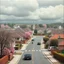 Placeholder: a glimpse of the suburban city, everything is, the landscape seems to be made of felt, pastel colours, some people and cars, René Magritte style, obsessive, paranormal