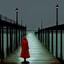 Placeholder: Painting of a woman wearing a long red coat and brown leather boots walking on a pier, inspired by John Atkinson Grimshaw, inspired by Jacob Schikander, inspired by John Petty, by a pier, Carl Critchlow. Moody, John Capel, by Jacob Schikander, by John Atherton, by John Alexander, by Eamon Everell, by John Laurie Morrison, Waves breaking on the pier, in the background a full moon shining in yellow light, A thick mist rises from the water