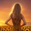 Placeholder: woman, back view, long brown dress, blond hair, sunflower field, sunset