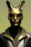 Placeholder: Medium Close Up Portrait, Front image. cyberpunk, rabbit mask, sweet woman, gold hair. Leather suit army. Yellow, black, white, color. Gucci style. Color background, photo studio. Avatar image, highly detailed, concept art, smooth, unreal engine 5, ray tracing, RTX, lumen lighting, ultra detail, volumetric lighting, 3d, finely drawn, high definition, high resolution.