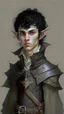 Placeholder: boy elf,he has curly, black hair and sharp cheekbones. His eyes are black. He wears fantasy medieval clothes. he is lean and tall, with pale skin, full body with boots, side view