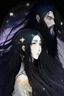 Placeholder: Celestial anime woman, long black hair, with bearded man