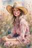 Placeholder: P: a young old-time cowgirl sitting in wildflowers and tall grasses, peaceful vision, wisps of hair around her face, straw hat, pink floral dress, muted colors, soft watercolor