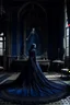 Placeholder: The Countess is a ghost, she has a long, flowing dark blue dress, she is in her castle, Hanging in the castle room, there is a tapestry composed of the preserved faces of the Countess' ancient victims.