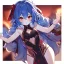 Placeholder: Clear focus, High resolution, rough line art, cute, cartoon, medium blue hair, hair between eyes, fluffy hair, red eyes, barely revealing outfit