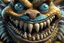 Placeholder: closeup of a maniacal grinning monster's face, big teeth, fur, bumps and curled horns, my pet monster inspiration, urban character design