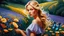 Placeholder: A masterpiece digital painting of a young woman with wavy blonde hair, dressed in a pretty summer dress, walking through a field of flowers, the air filled with iridescent butterflies, with a Pekingnese walking at her side, tender, moody, thoughtful, perfect composition, deep colors, a touch of photorealism.