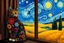Placeholder: “An intricately decorated cat sits on the windowsill, adorned with mandala patterns and rich ornamental designs in bright jewel colors. Outside the window: a swirling Van Gogh-style landscape, with golden wheat fields, bold cypress trees, and a deep blue sky filled with motion and stars, painted in expressive strokes. The view is vibrant and emotional, echoing the cat’s mystical presence. --ar 16:9 --v 7 --style raw”